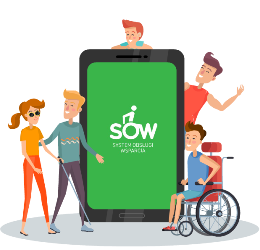 Infografika. Niepełnosprawne osoby wokół dużego tabletu z logo SOW