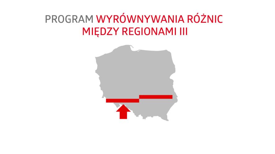 Grafika przedstawiająca mapę Polski. Hasło: Program Wyrównywania różnic między regionami III